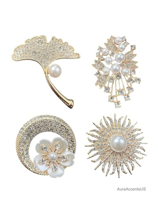 Jewelry - 4 Pcs Pearl Brooch Set, Elegant Classic Brooches for Women, Lightweight and